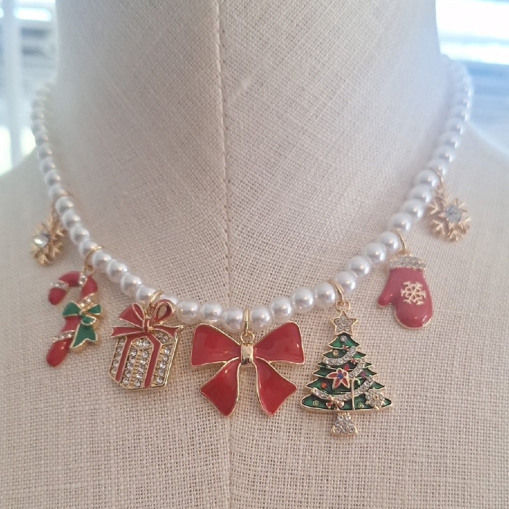 Festive Christmas Themed Pearl Charm Necklace